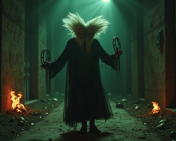 Mystical Figure in Eerie Corridor with Tambourines