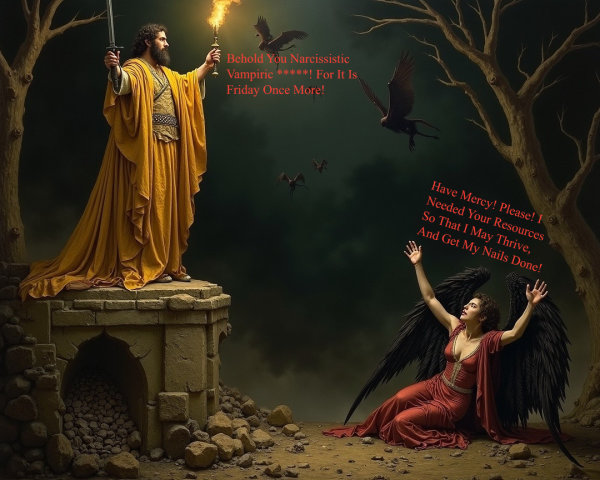 Dramatic Scene of Conflict with Golden Robes and Black Wings