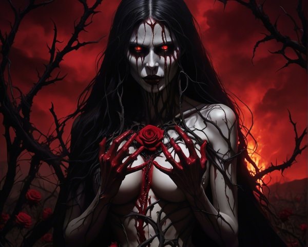 Haunting Figure in Eerie Landscape with Blood-Red Rose