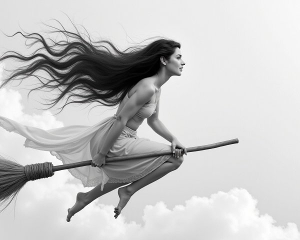 Woman Riding Broomstick in Dreamy Cloudy Sky