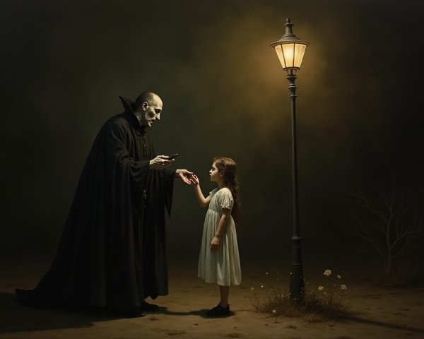 Mysterious Encounter Under a Streetlamp at Night