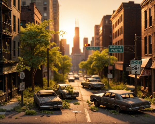 Post-Apocalyptic Urban Scene with Overgrown Streets