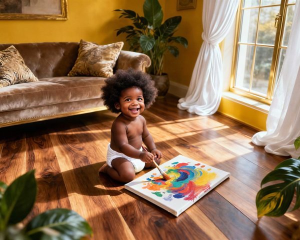 Happy Baby Painting in Bright, Colorful Room