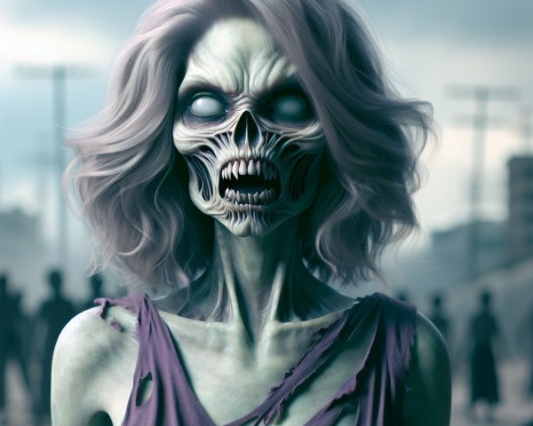 Eerie Zombie Woman in Post-Apocalyptic Setting