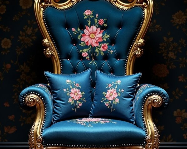 Luxurious Deep Blue Upholstered Armchair with Embroidery