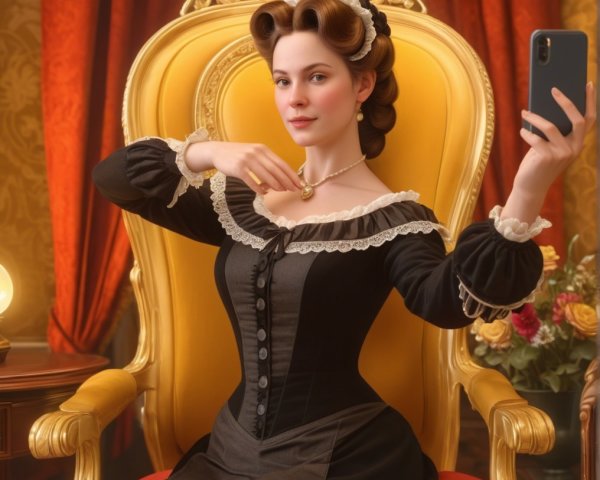 19th-Century Woman in Elegant Attire Taking Selfie