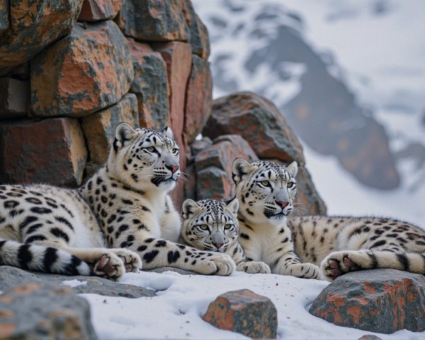 Snow leopards resting on rocky terrain in winter landscape