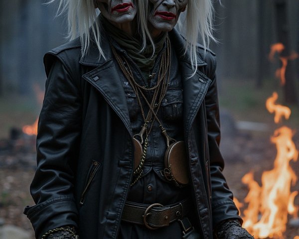 Eerie Figures in Dimly Lit Forest with Flickering Flames