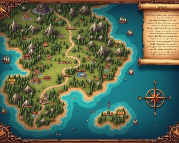 Fantastical island map with towns and landmarks