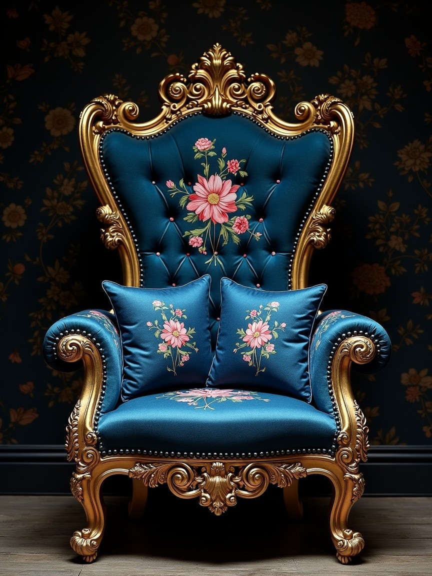 Luxurious Deep Blue Upholstered Armchair with Embroidery