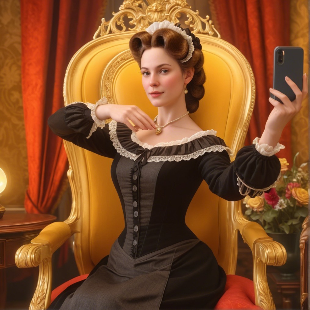 19th-Century Woman in Elegant Attire Taking Selfie