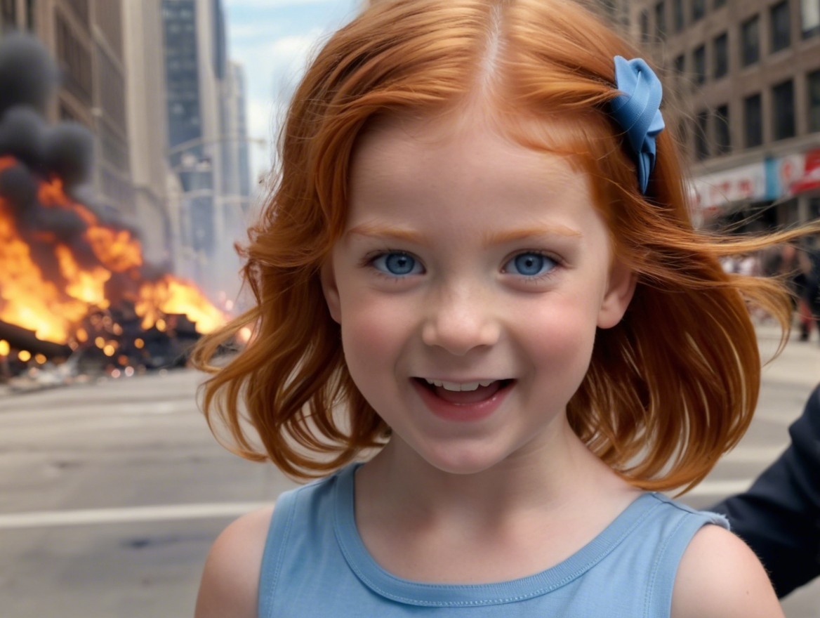 Young girl with red hair in a dramatic city scene