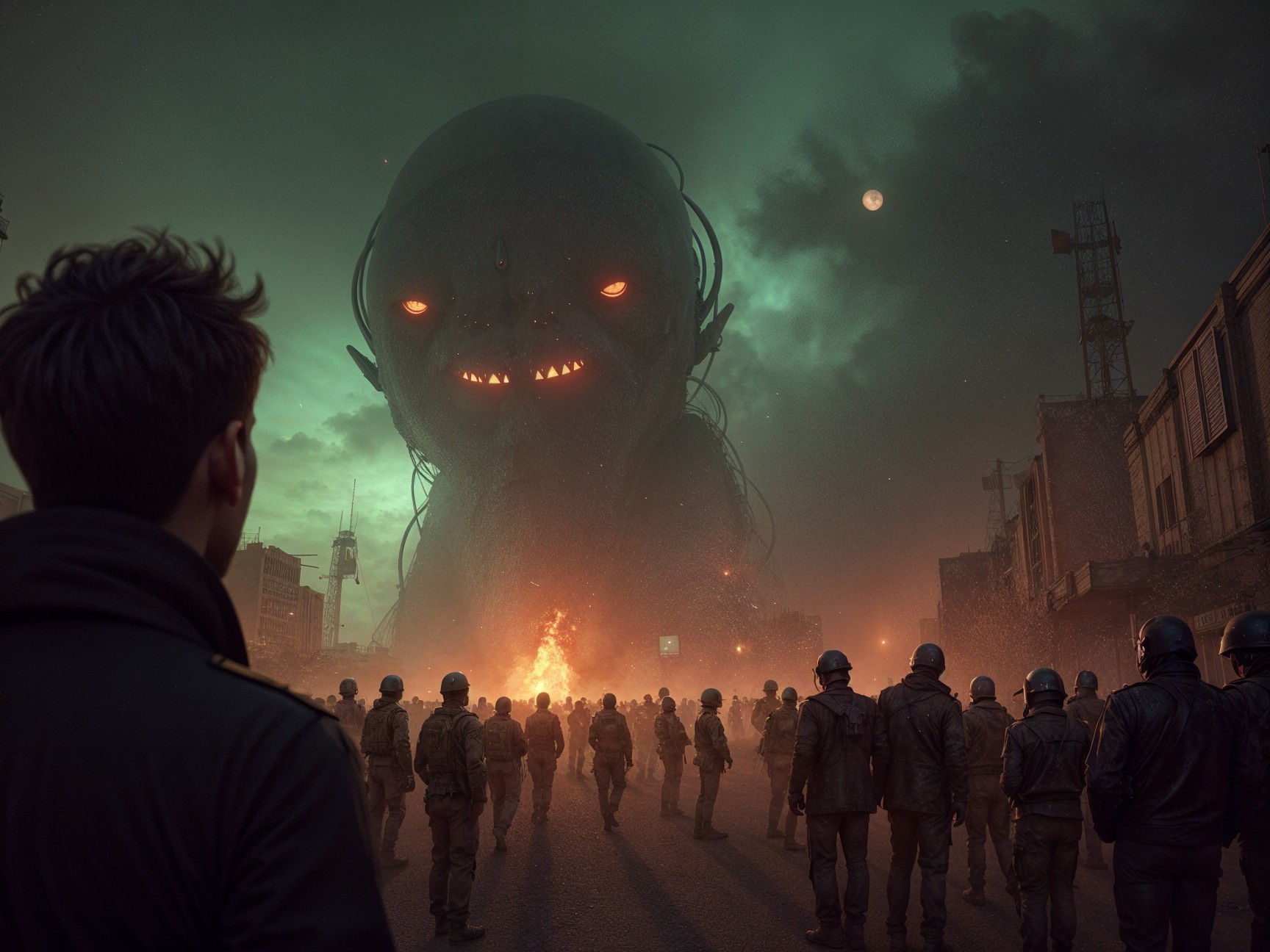 Lone Figure Confronts Ominous Creature in Dystopian City