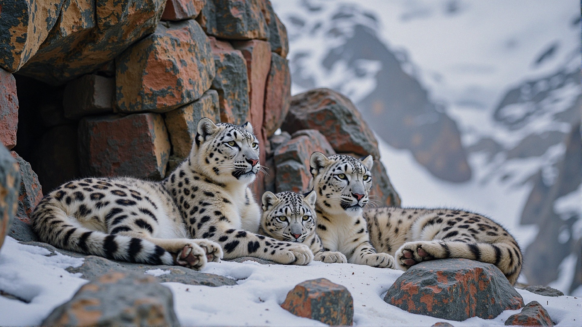 Snow leopards resting on rocky terrain in winter landscape