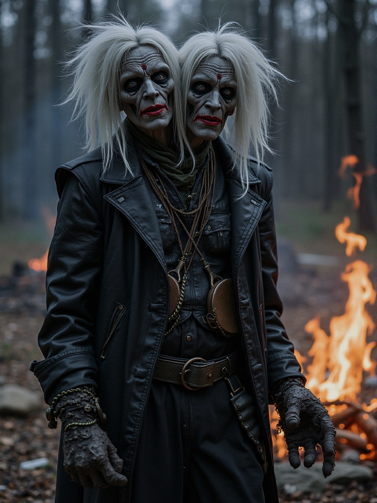 Eerie Figures in Dimly Lit Forest with Flickering Flames