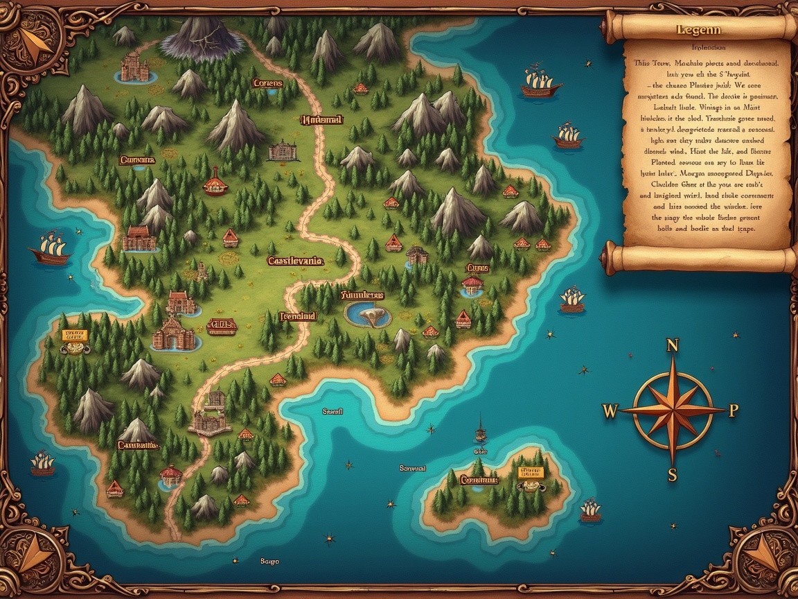 Fantastical island map with towns and landmarks
