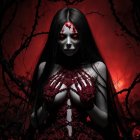 Haunting Figure in Eerie Landscape with Blood-Red Rose