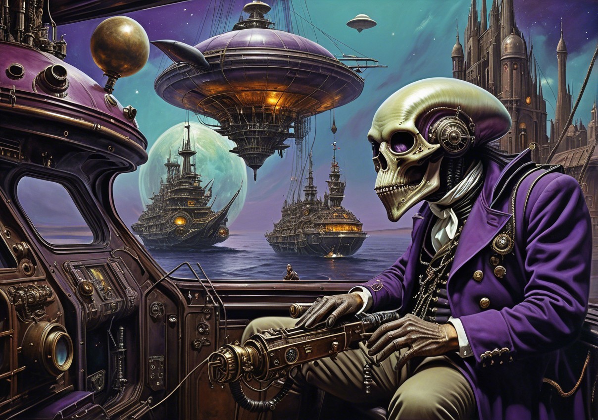 Steampunk Airship Scene with Skeletal Figure and Castles