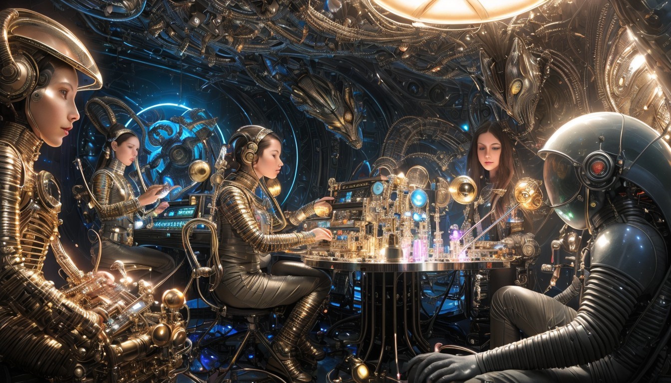 Futuristic Space Station with Robotic Figures and Tech