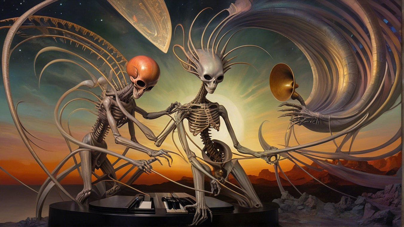 Surreal Scene of Skeletal Figures at Grand Piano