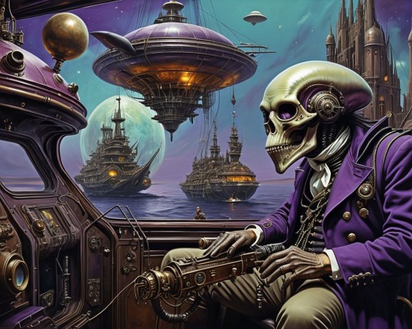 Steampunk Airship Scene with Skeletal Figure and Castles