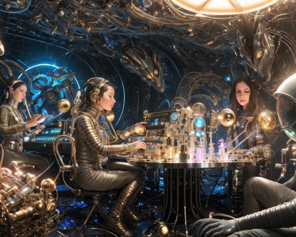 Futuristic Space Station with Robotic Figures and Tech