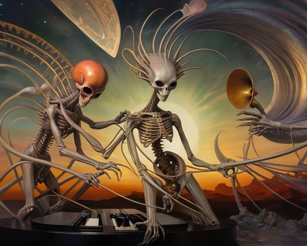 Surreal Scene of Skeletal Figures at Grand Piano