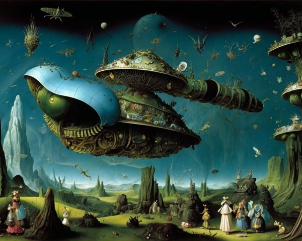 Fantastical Landscape with Hovering Spaceship and Creatures