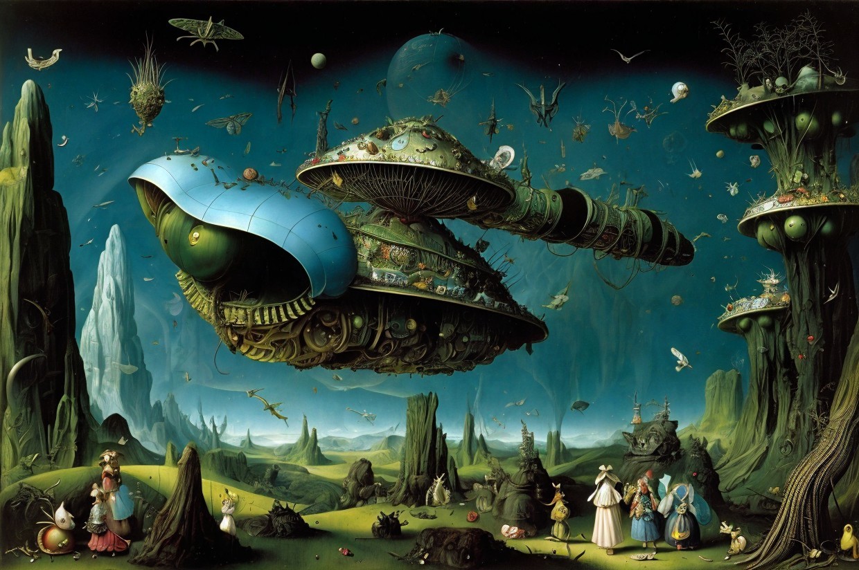 Fantastical Landscape with Hovering Spaceship and Creatures