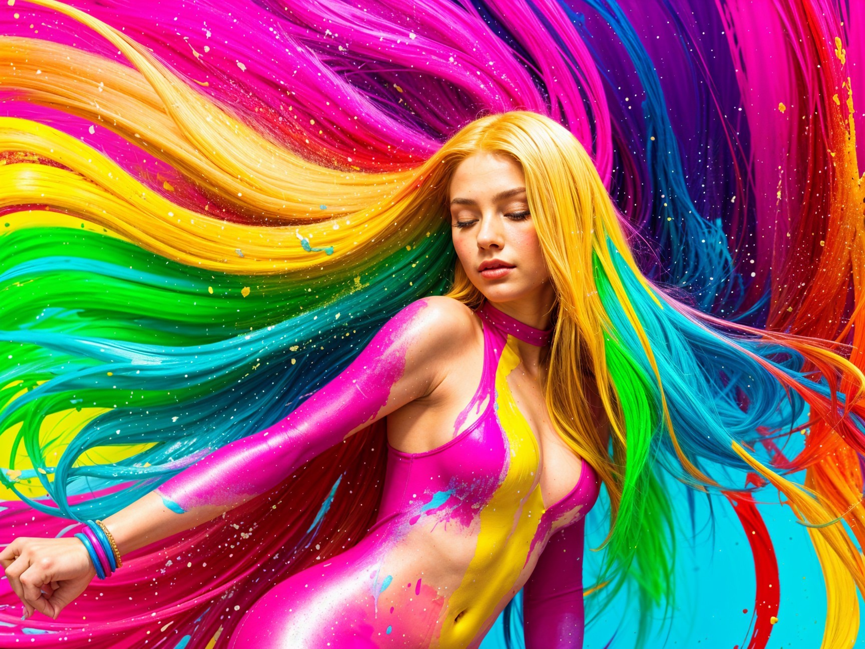Vibrant Scene of Multicolored Hair and Artistic Outfit