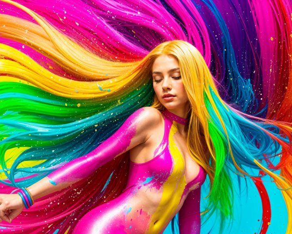 Vibrant Scene of Multicolored Hair and Artistic Outfit