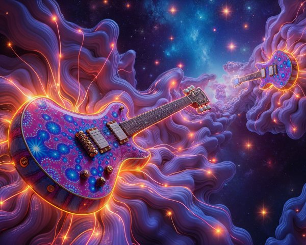 Surreal Cosmic Scene with Electric Guitars and Stars