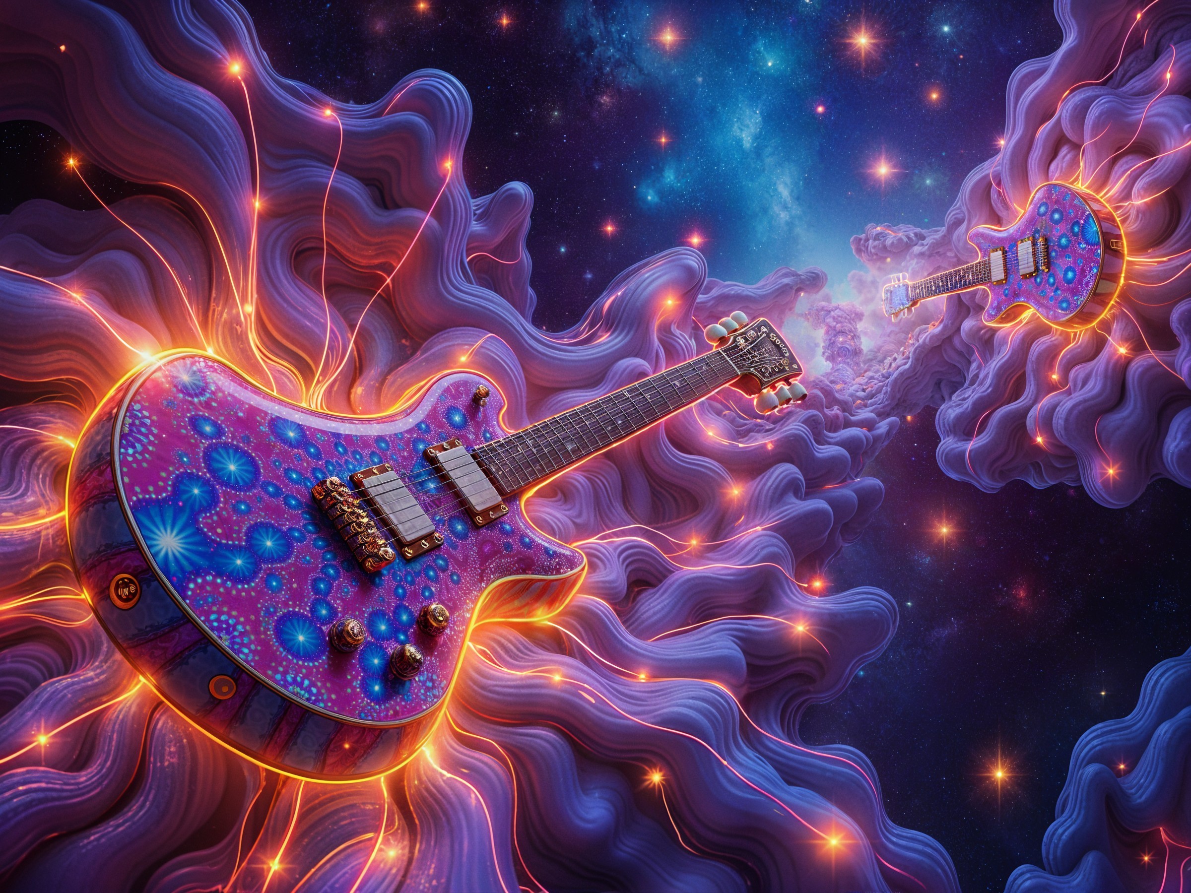 Surreal Cosmic Scene with Electric Guitars and Stars