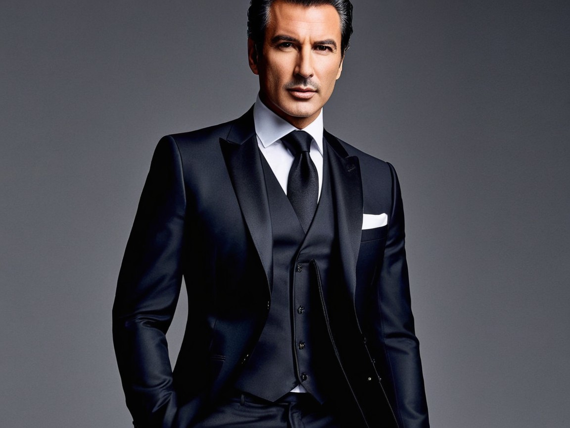 Suave Man in Black Tuxedo Against Gray Background