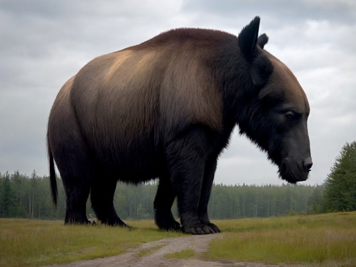 Massive Bear in Grassy Landscape with Forest Backdrop