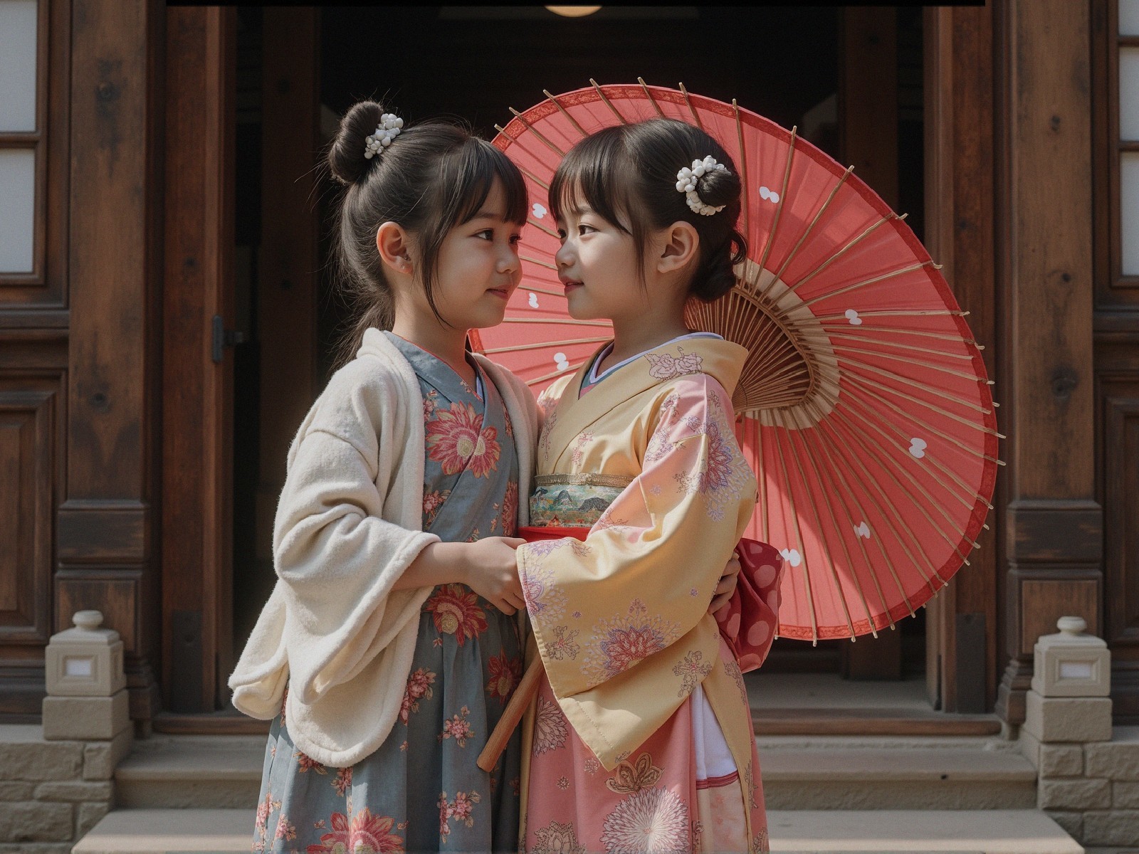 Young girls in traditional kimonos with parasol in Japan