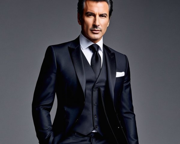 Suave Man in Black Tuxedo Against Gray Background