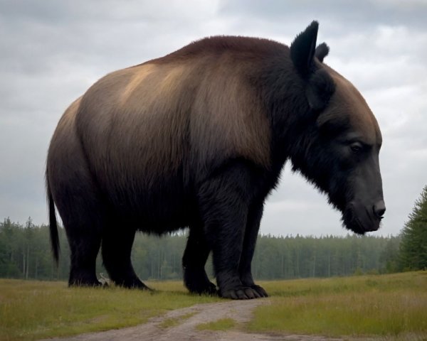 Massive Bear in Grassy Landscape with Forest Backdrop