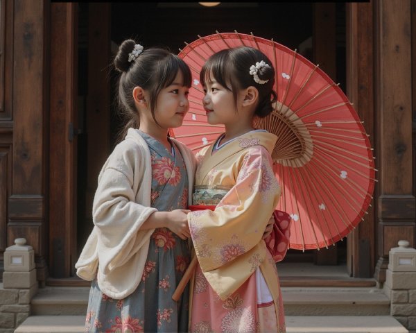 Young girls in traditional kimonos with parasol in Japan