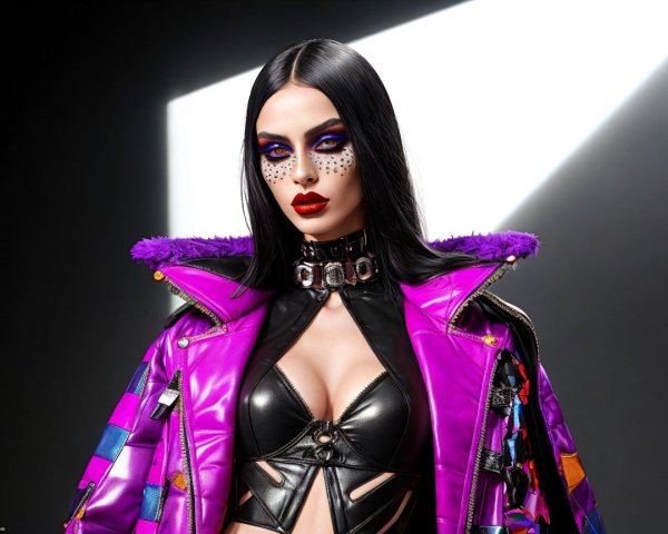 Model with Black Hair in Purple Puffer Jacket