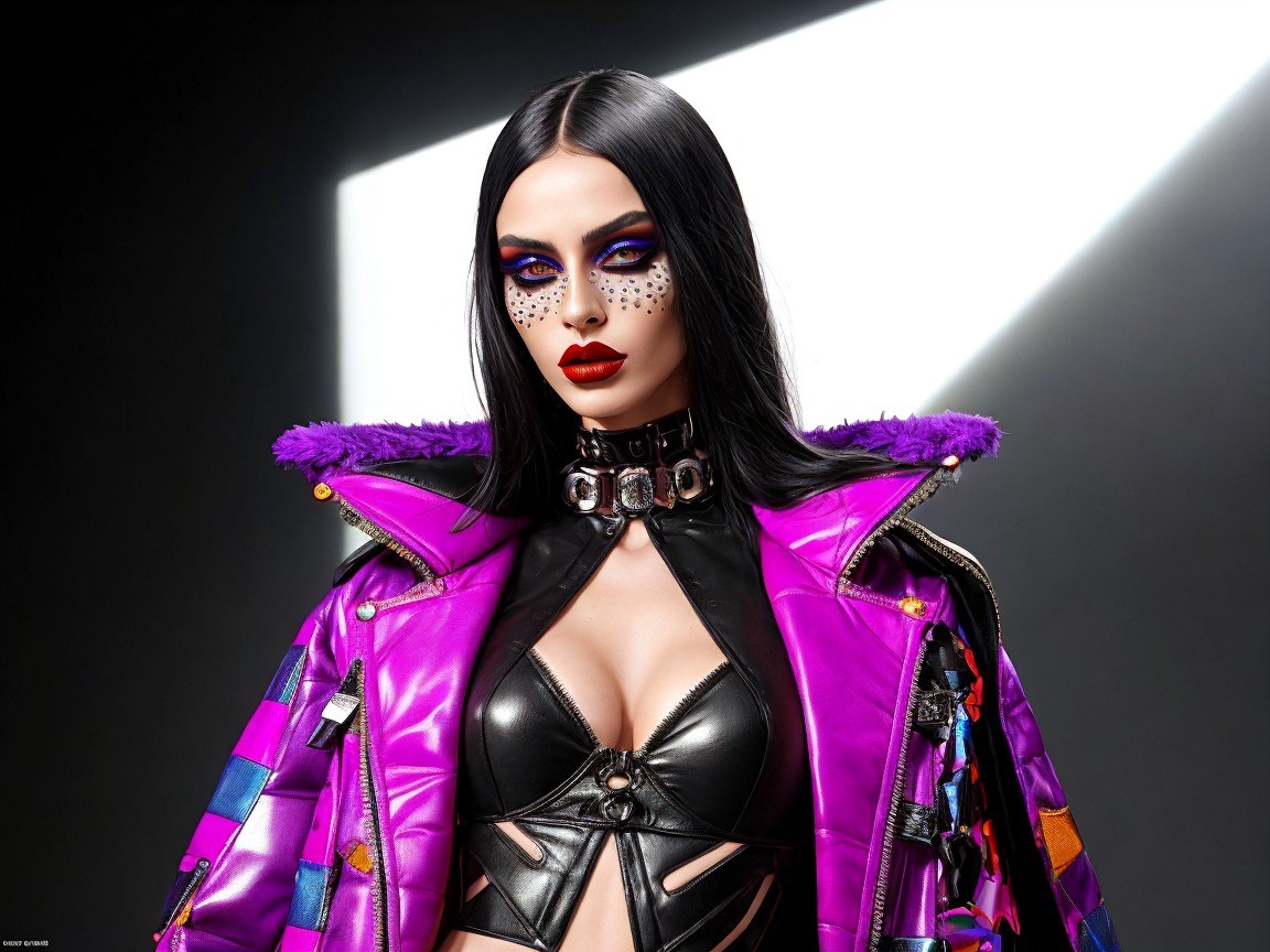 Model with Black Hair in Purple Puffer Jacket