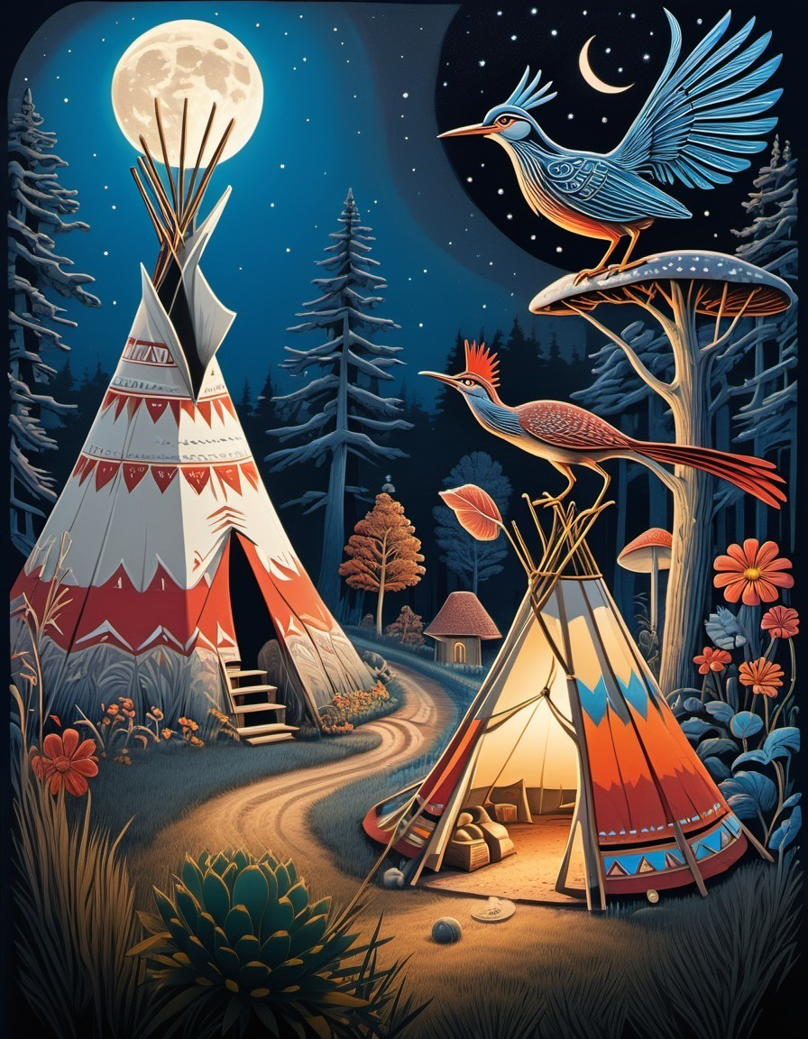 Whimsical Moonlit Scene with Colorful Tipis and Nature