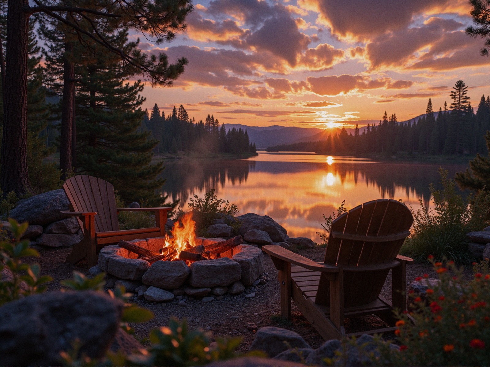 Lakeside Sunset Scene with Chairs and Fire Pit