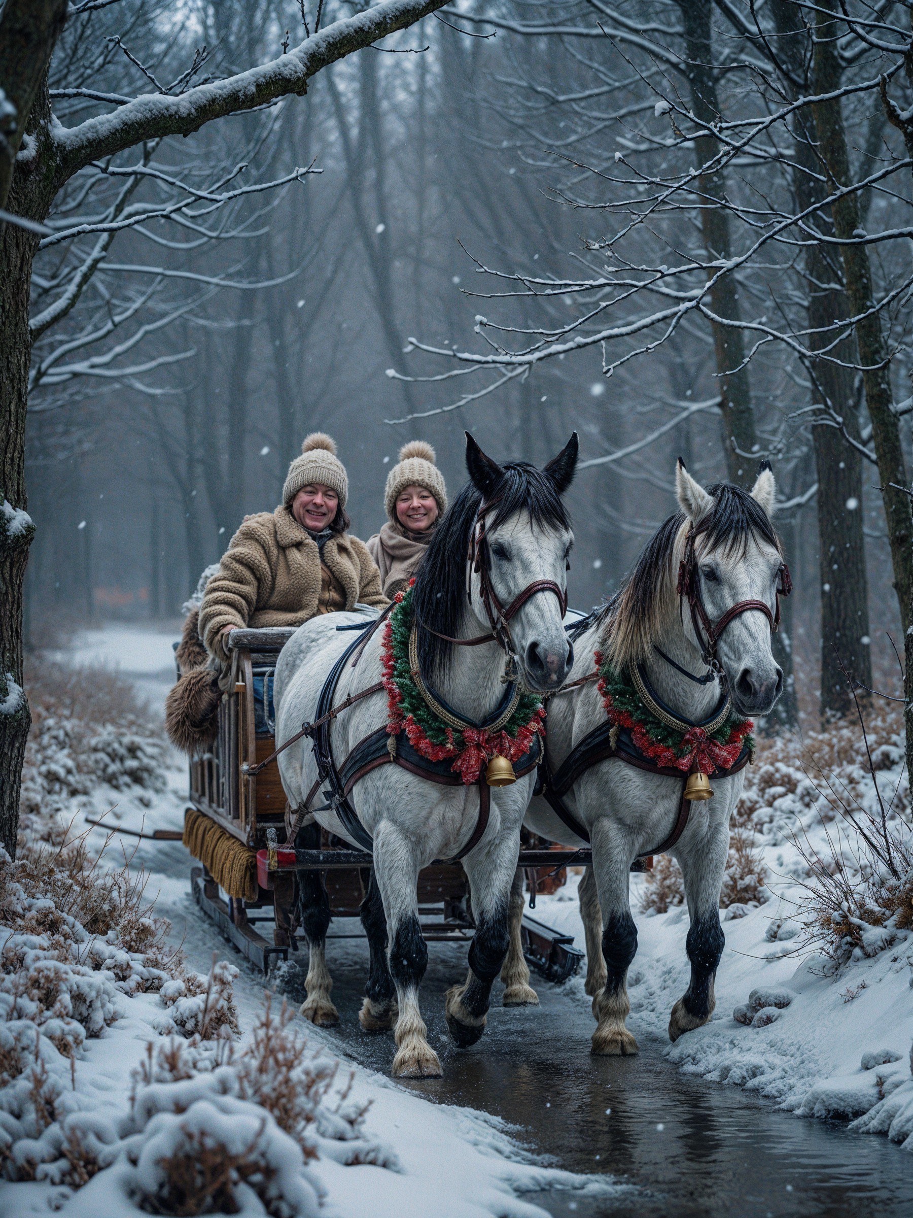 Winter Scene with Horses Pulling a Sled in Snow