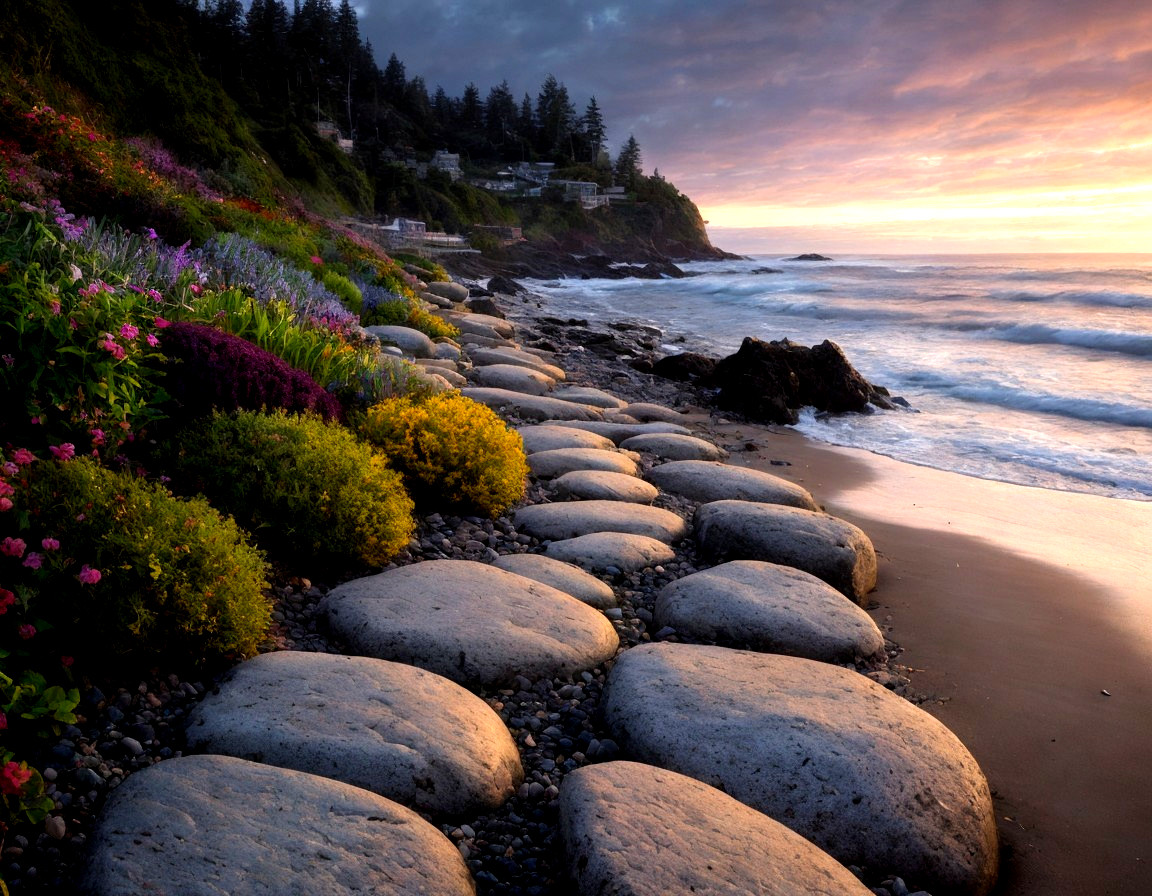Coastal Pathway with Stone Walkway and Vibrant Gardens