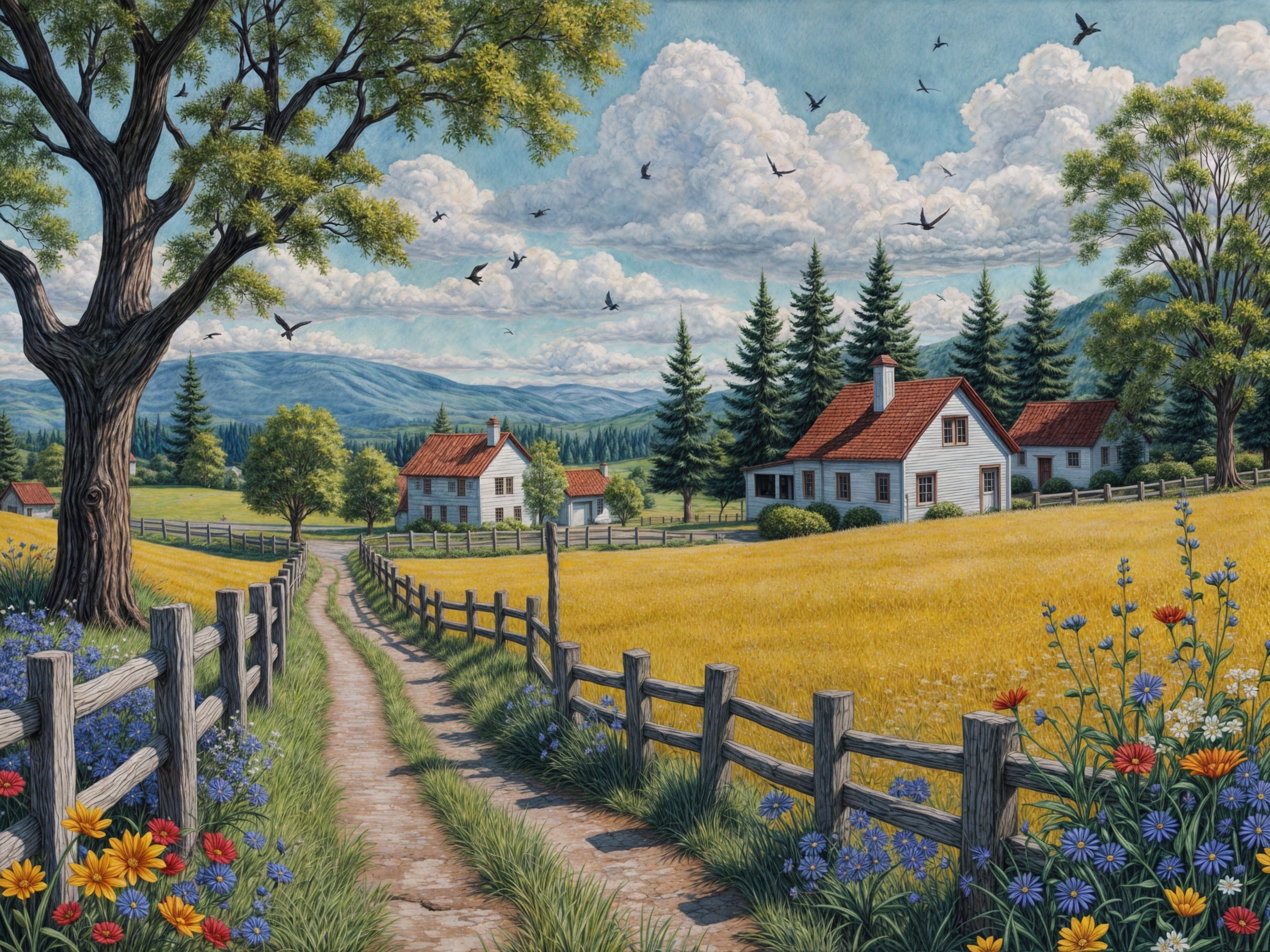 Serene Rural Landscape with Houses and Wildflowers