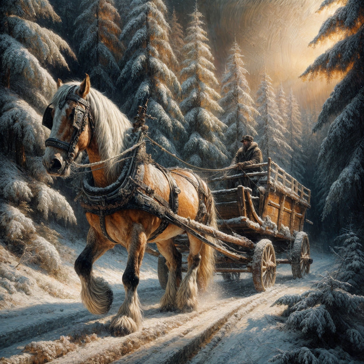 Horse Pulling Cart Through Snowy Forest Landscape