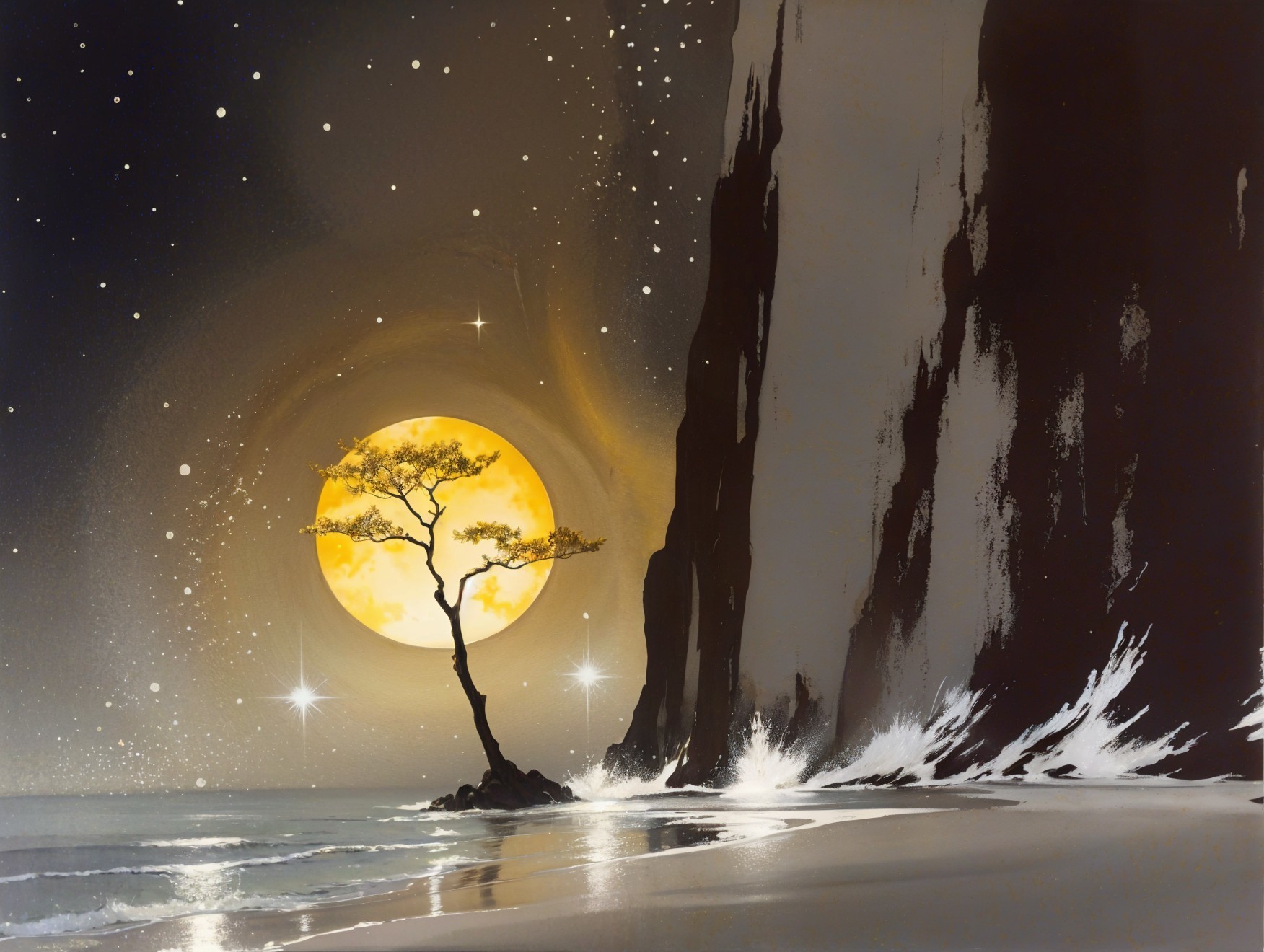 Solitary Tree on Rocky Shore Under Golden Moon