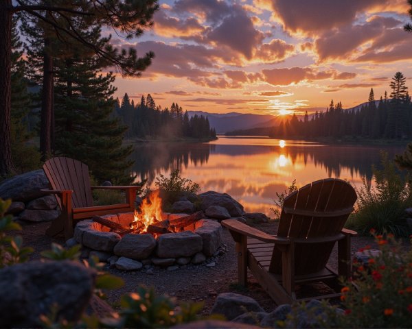 Lakeside Sunset Scene with Chairs and Fire Pit