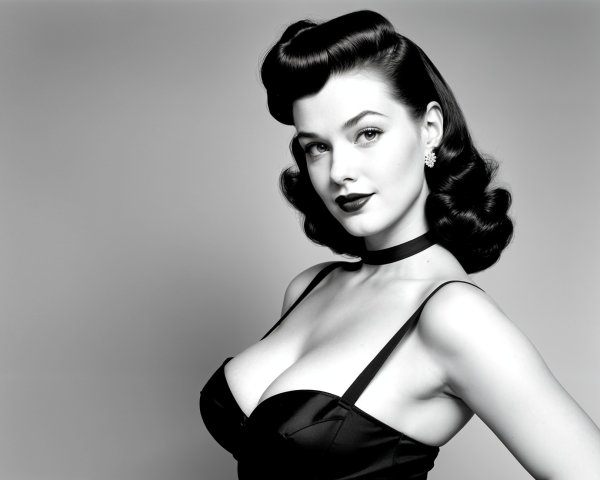 Glamorous Woman in Stylish Black Dress and Vintage Hairstyle
